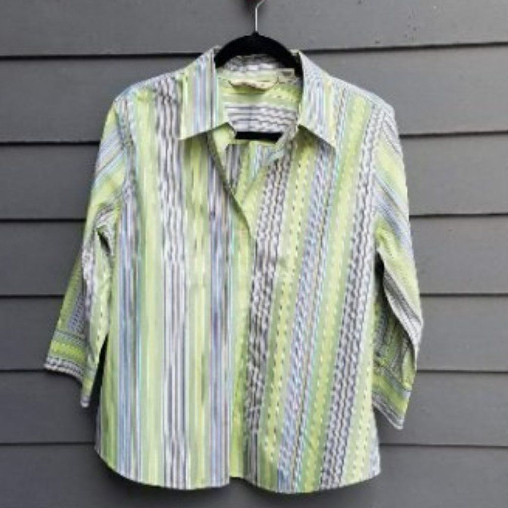 Eddie Bauer Lime Green, White and Gray Striped Button-Front Shirt
